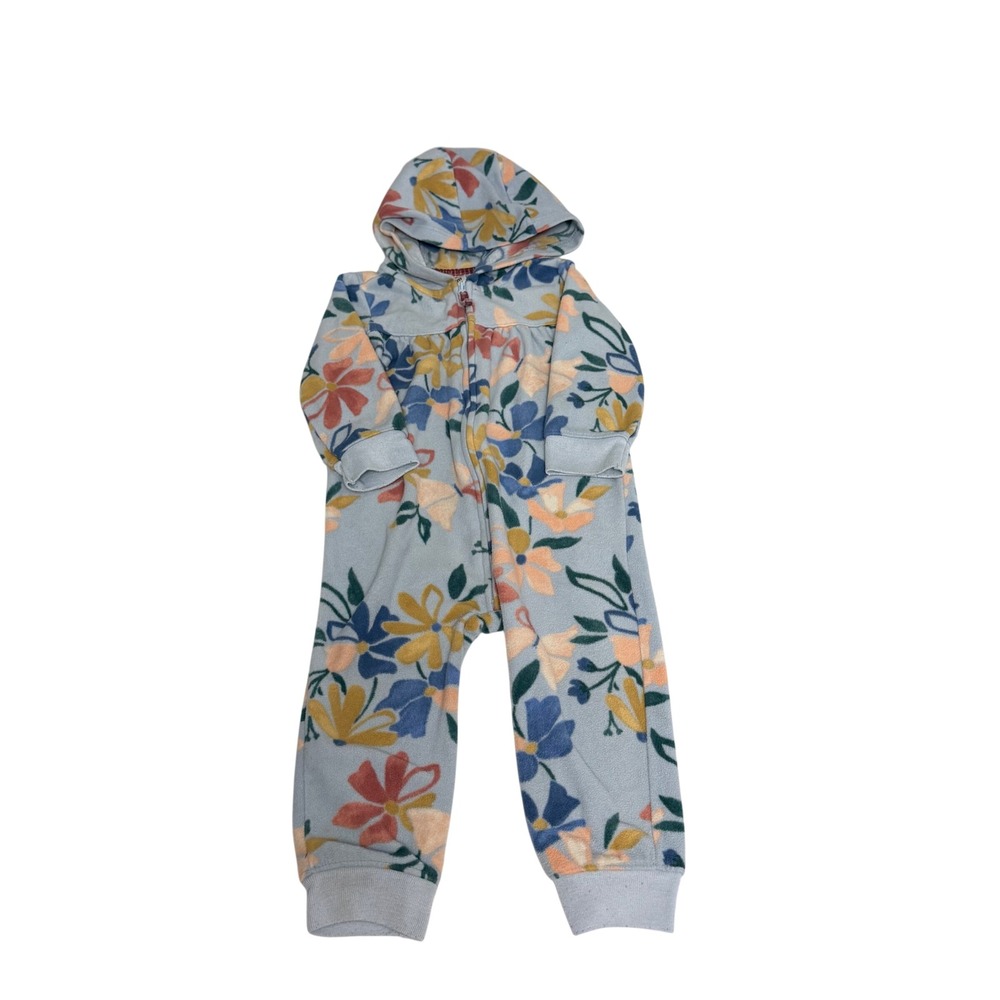 Carters 18M Baby Girl Floral Fleece Hooded Jumpsuit Blue Orange Zip Up Cozy Warm